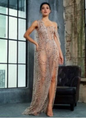 Silver Charming Ladies' Cross Cut Out Straps Long Dress Made Of Glitter Glued Material