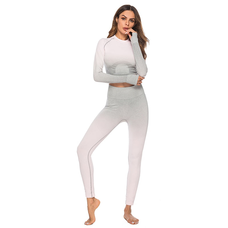 Fashion Fitness Leggings Ombre Seamless Crop Tops For Women Two Piece Set Sportswear Sweatshirt Tracksuit Women Sets - Sheseelady