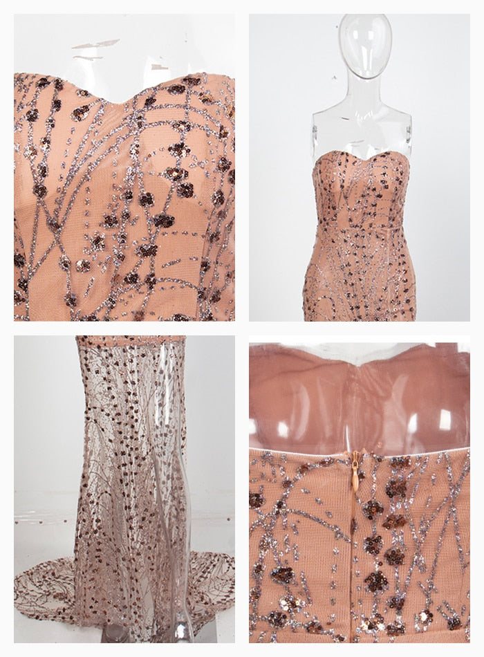Sexy Gold Strapless Cut Out Geometric Element Glitter Material Maxi Dress For Ladies