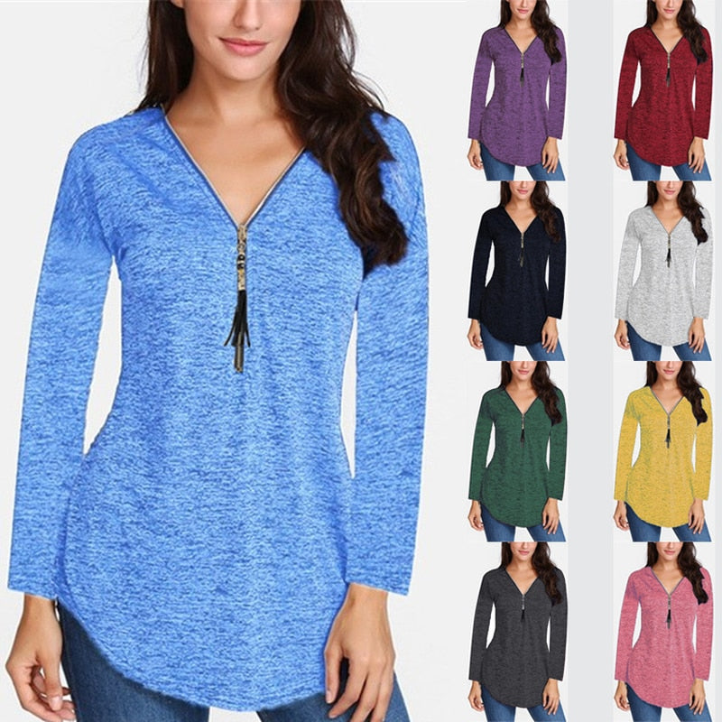 Cotton Long Sleeve V-neck Tassel Zipper T-Shirt Plus Size For Women - Sheseelady