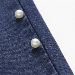 Vintage Casual Ladies' Mid Waist Skinny Jeans With Imitation Pearls Blue