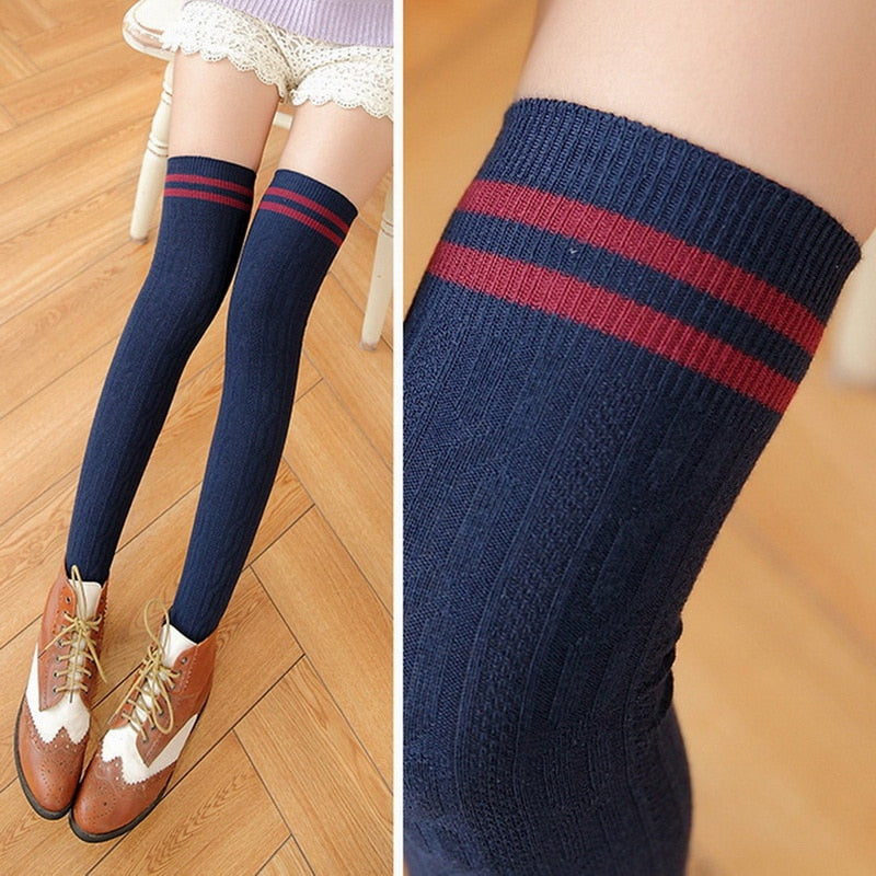 Long Stockings Women Cotton Warm Thigh High New Fashion Striped Knee Socks Sexy Over The Knee Stockings For Ladies - Sheseelady