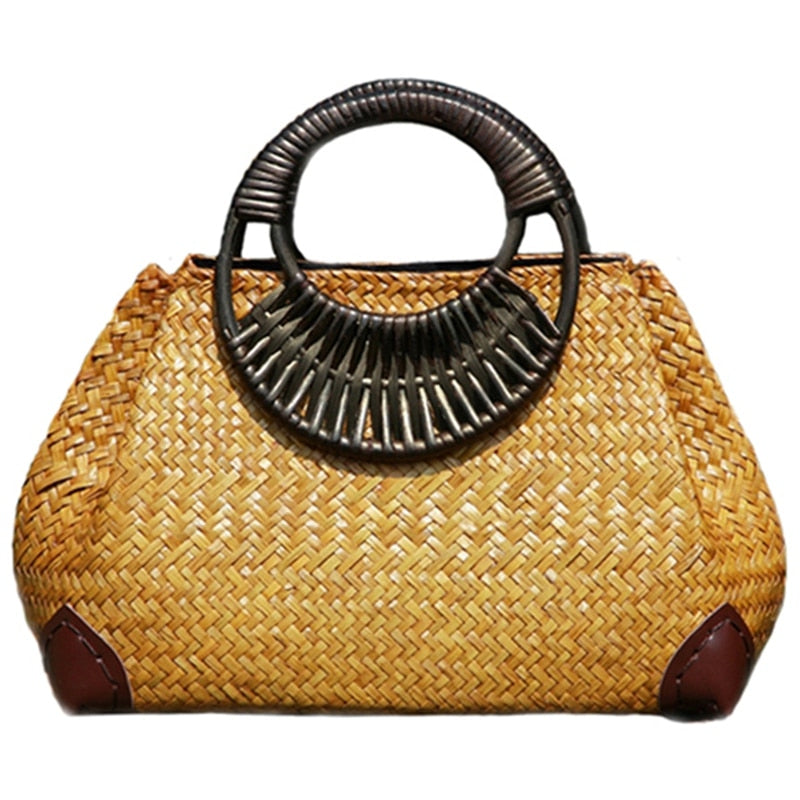 Women Straw Bags Handmade Vintage Wood Handle Bag