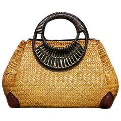 Women Straw Bags Handmade Vintage Wood Handle Bag