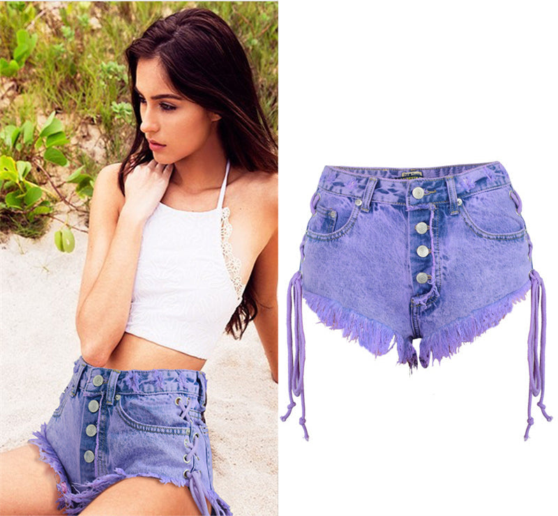 Highwaisted Mini Jeans Shorts Women Both Side Tie Mini Short Sexy Denim Shorts Jeans - Sheseelady