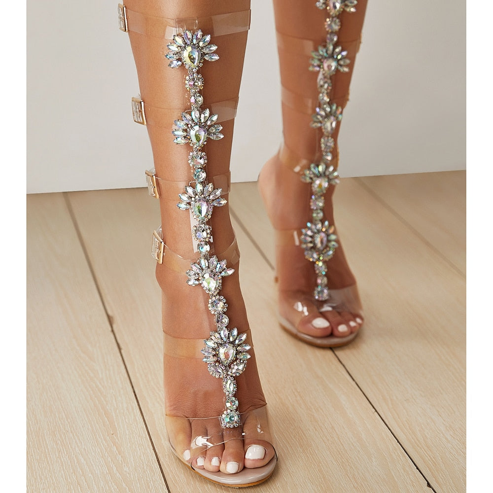 Plus Shoes Sexy Gladiator Knee High Transparent Buckle Sandals Fashion Crystal Flower Heel Women Sandal