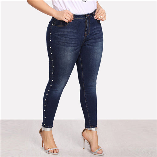 Vintage Casual Ladies' Mid Waist Skinny Jeans With Imitation Pearls Blue