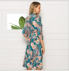 Leisure Floral Print Bow Stand Collar Lantern Sleeve Mid-Calf Dress For Female
