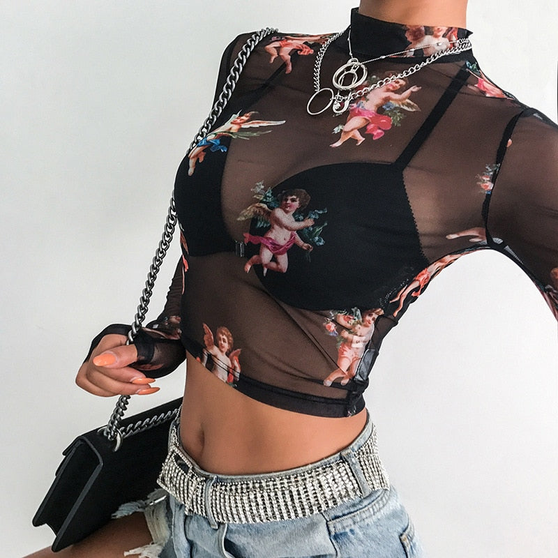 Sexy Women T Shirt See Through Transparent Mesh Tops Long Sleeve Sheer Slim Ladies Turtleneck T-Shirt New Arrival Women tshirt