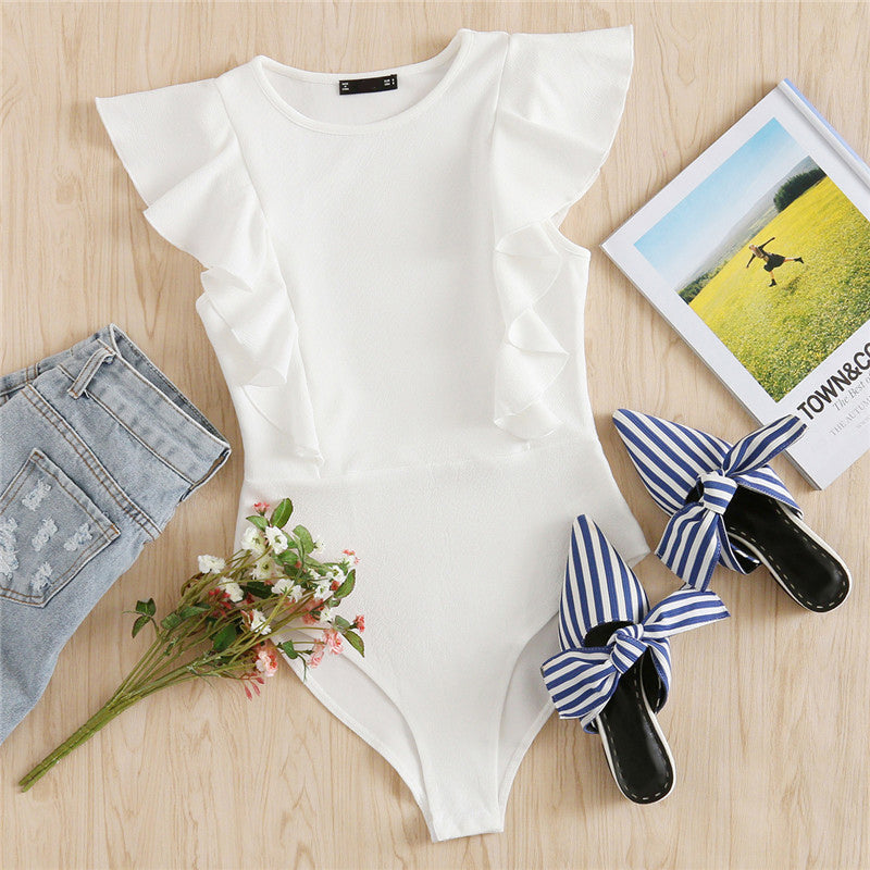 Black Ruffle Cute Textured Bodysuit Women White Cap Sleeve Slim Summer Bodysuits Fashion New Sexy Brief Skinny Bodysuit - Sheseelady