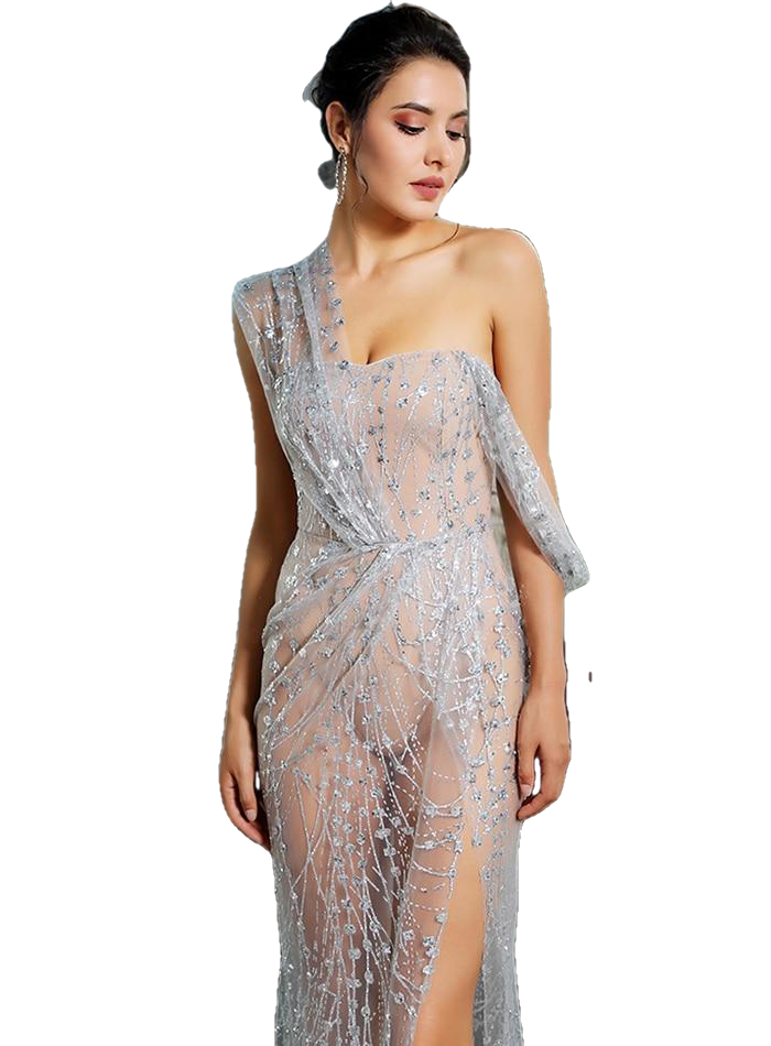 Silver Charming Ladies' Cross Cut Out Straps Long Dress Made Of Glitter Glued Material