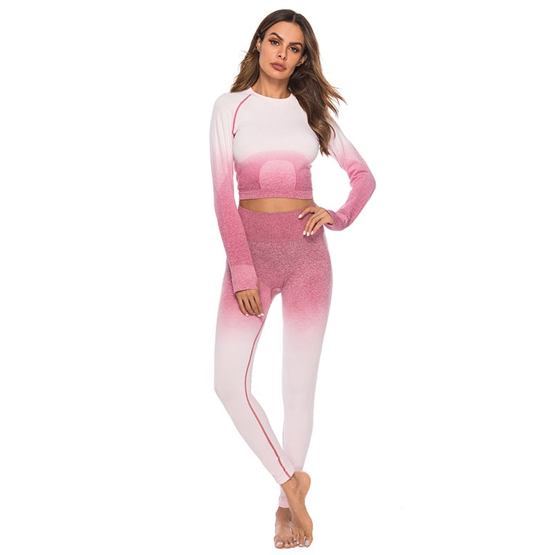 Fashion Fitness Leggings Ombre Seamless Crop Tops For Women Two Piece Set Sportswear Sweatshirt Tracksuit Women Sets - Sheseelady
