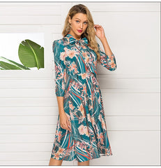 Leisure Floral Print Bow Stand Collar Lantern Sleeve Mid-Calf Dress For Female