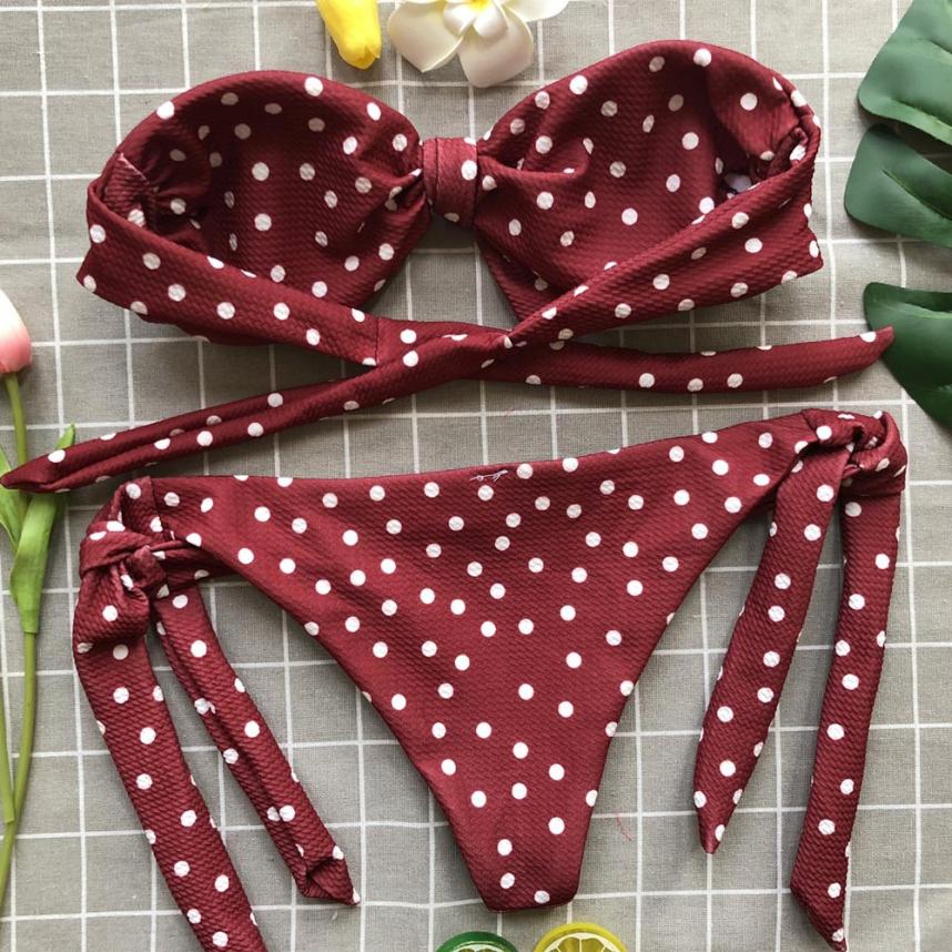 Sexy Women's Bow Padded Push Up Bikini Set With Dot Printed