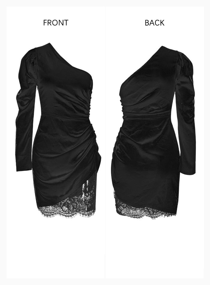 Sexy Black Single Puff Sleeve Lace Elastic Slim Party Dress