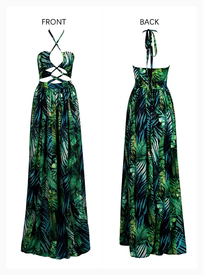 Leaf Print Sexy Cut Out Cross Straps Open Back Beach Maxi Dress For Women