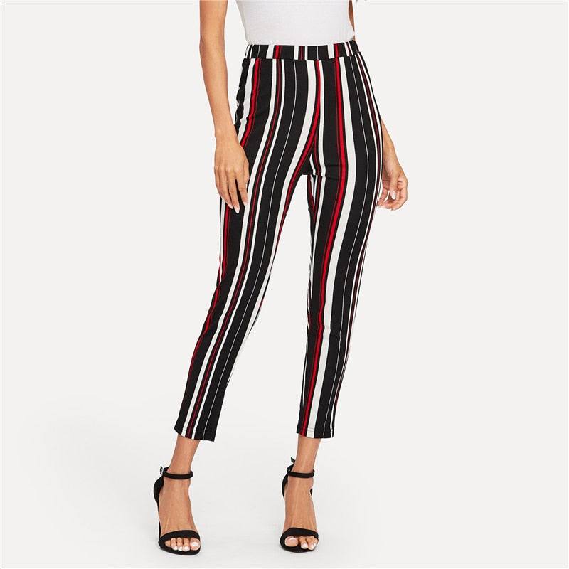 Elegant Stretch Knit Striped Pants Multi Color Waist Skinny And Capris For Women