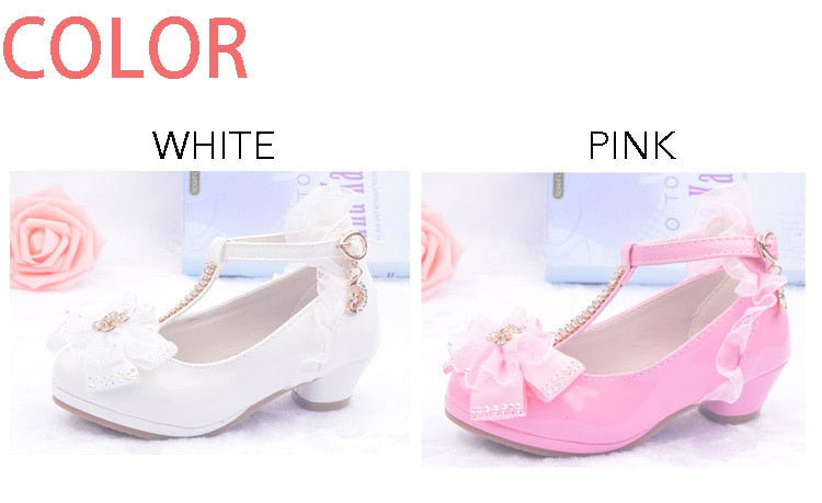 Lovely Girls' Lace Flower Trim Low-heeled PU Princess Shoes For Dance Dress