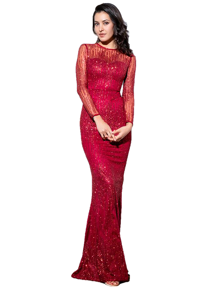 Crimson Round Neck Long Sleeve Perspective Back Glitter Glued Material Maix Dress