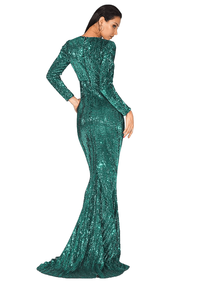 Flash Green O-Neck High Waist Fishtail Shape Pleated Sequined Stretchy Party Long Dress