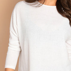 Elegant Casual White Solid Rib-Knit Tee Plain Round Neck Long Sleeve Stretchy For Women - Sheseelady