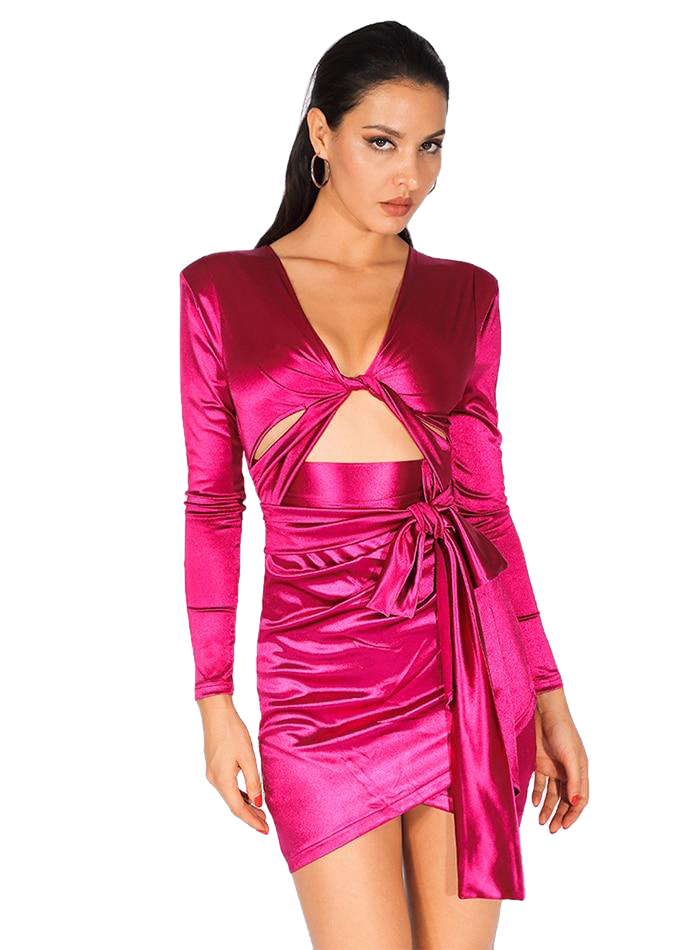 Sexy Deep V-Neck Cutout Shoulder Padded Rose Red Slim-Fit Party Dress For Females