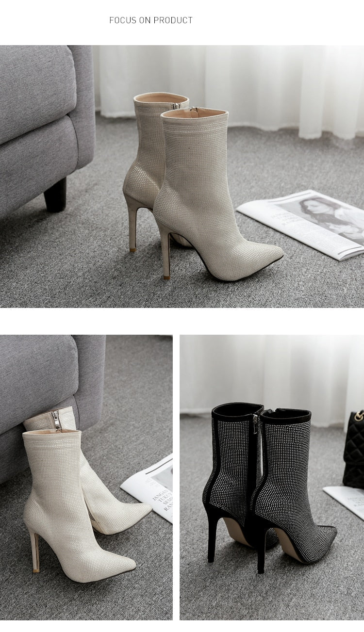 Trendy Sexy Women's Zipper High Heeled Boot With Rhinestones