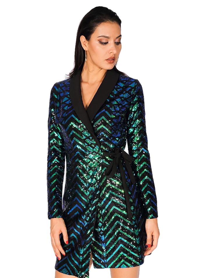 Green Flash Ladies' Cross Banded Party Dress With Geometry Sequins