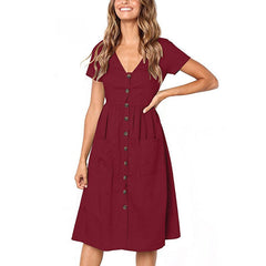 Casual Autumn Vintage Long Sleeve Buttons V Neck Midi Dress For Ladies - Sheseelady