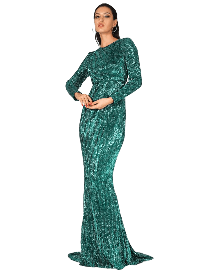 Flash Green O-Neck High Waist Fishtail Shape Pleated Sequined Stretchy Party Long Dress