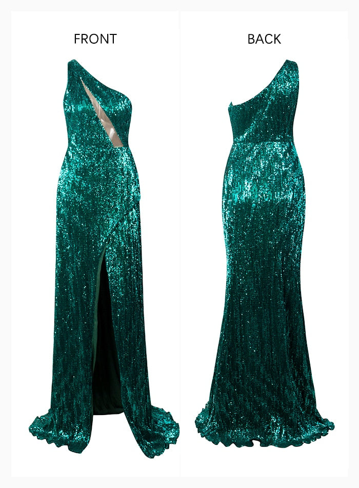 Sexy Ladies' One-shoulder Cross Cutout Slit Sequin Maxi Dress For Autumn/Winter Green
