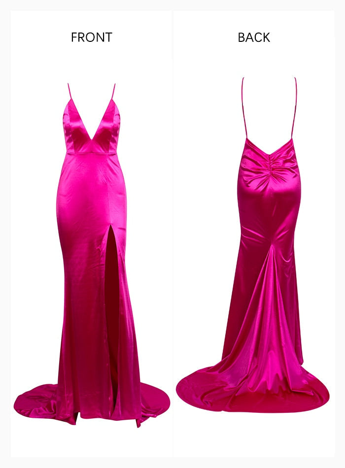 Pink Hot Deep V-Neck Side Slit Open Back Sling Bodycon Maxi Dress For Ladies