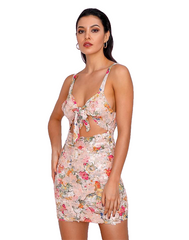 Sexy Women's Floral Print Cut Out Sequin Bodycon Mini Dress With Front Bow