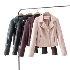 New Fashion Women Smooth Motorcycle Faux Leather Jackets Ladies Long Sleeve Autumn Winter Biker Streetwear Black Pink Coat