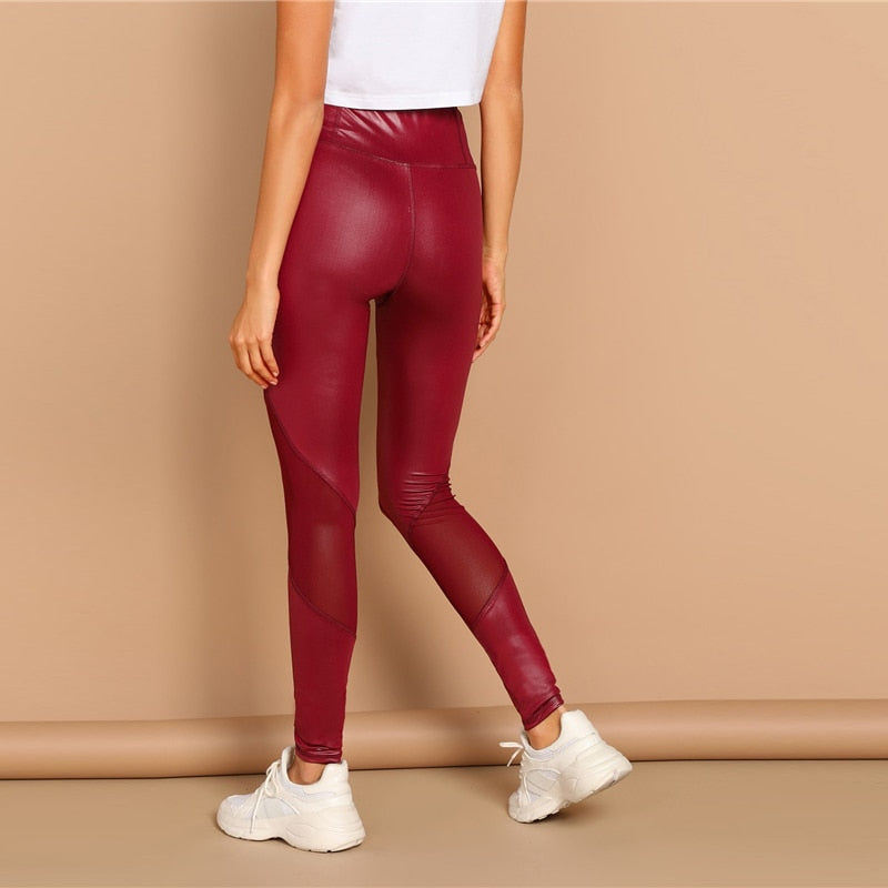 Casual Sexy Women's Wide Waistband Stretchy Skinny Leggings Burgundy