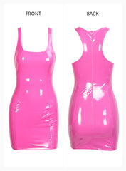 Trendy Sexy Ladies' O-neck Sleeveless Elastic Faux Leather Bodycon Dress For Club