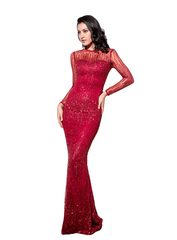 Crimson Round Neck Long Sleeve Perspective Back Glitter Glued Material Maix Dress