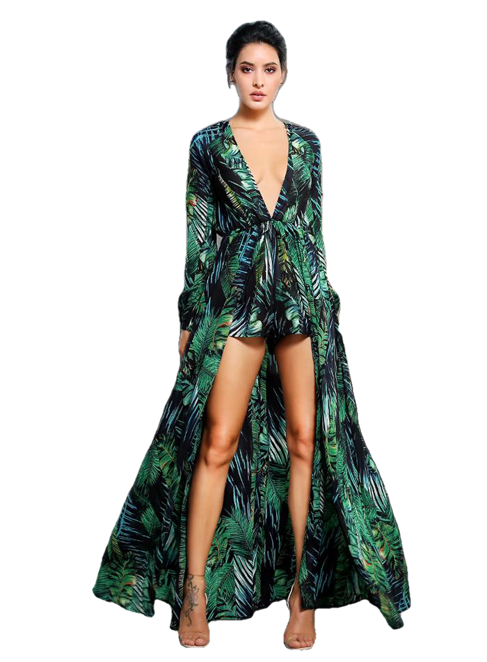 Sexy Leaf Print Deep V-neck Long-Sleeved Chiffon Dress For Ladies