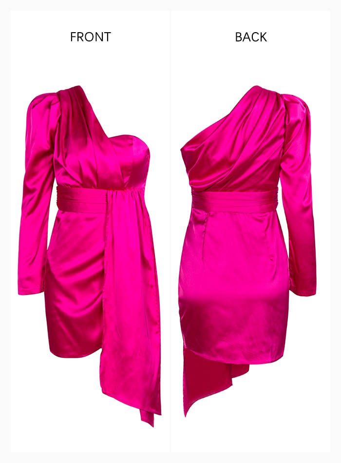 Sexy Chic Pink One-Shoulder Puff Sleeve Bodycon Party Dress With Ribbon