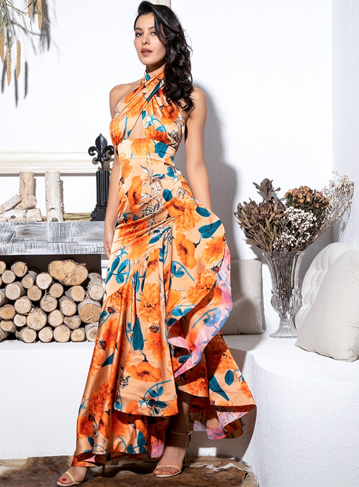 Sexy Orange Floral Print Cross Straps Backless Ruffled Maxi Dress For Ladies