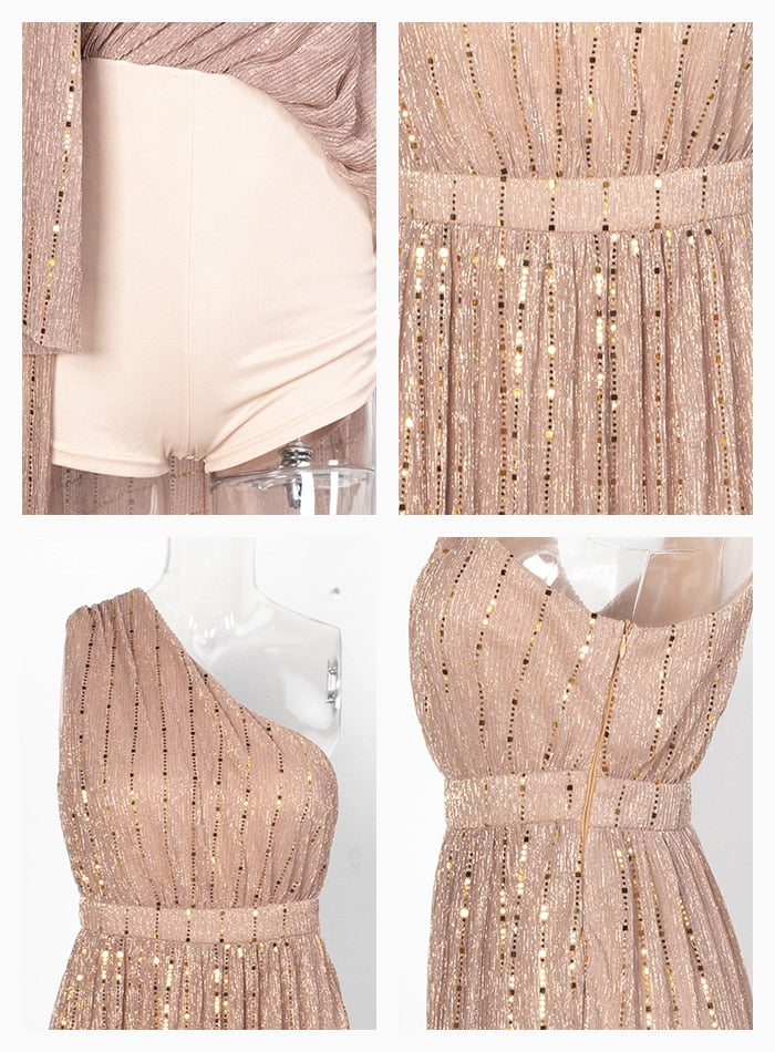 Hot Nude One Shoulder Composite Sequin Material Split Party Dress Female