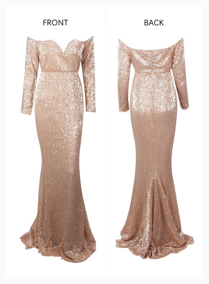 Gold Deep V Collar Long Sleeve Elastic Sequin Material Dress