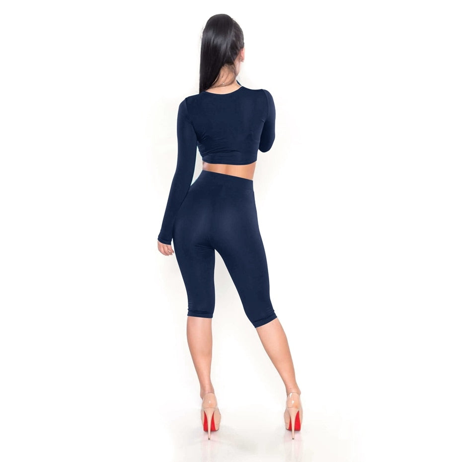 2 Piece Set Women Sexy Long Sleeve Top+Biker Shorts Track Suit Bodycon Tracksuit Casual Two Pieces Outfits Sweatsuit - Sheseelady