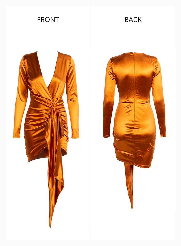 Sexy Flash Female Orange V-neck Bodycon Dress With Streamer