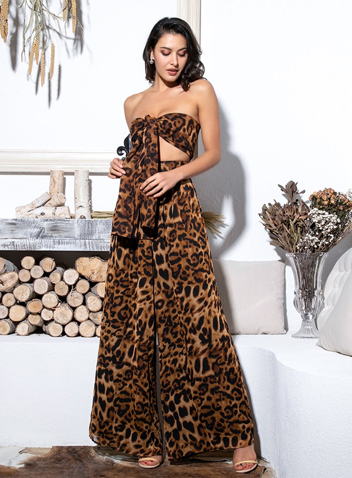 Sexy Ladies' Leopard Print Chiffon Cropped Tank & High Waist Wide Leg Pant Set