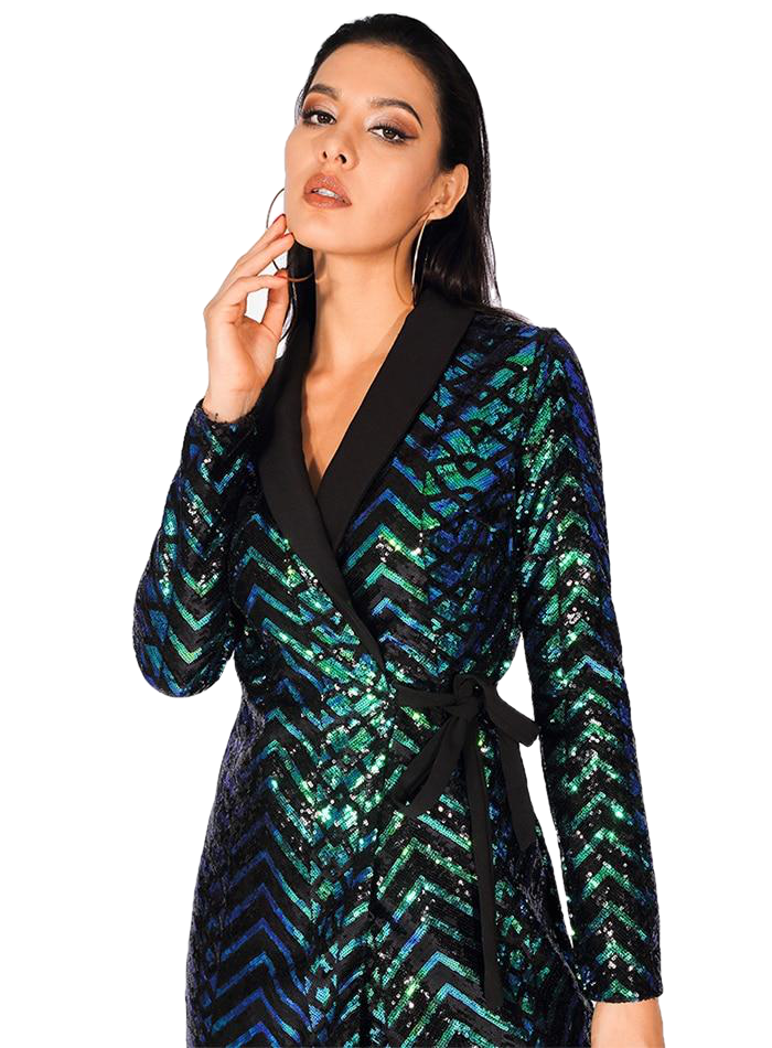 Green Flash Ladies' Cross Banded Party Dress With Geometry Sequins