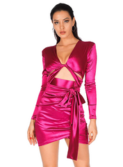 Sexy Deep V-Neck Cutout Shoulder Padded Rose Red Slim-Fit Party Dress For Females