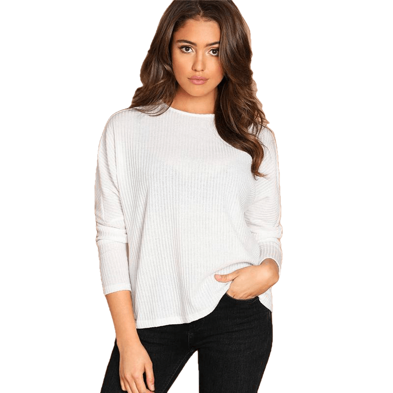 Elegant Casual White Solid Rib-Knit Tee Plain Round Neck Long Sleeve Stretchy For Women - Sheseelady