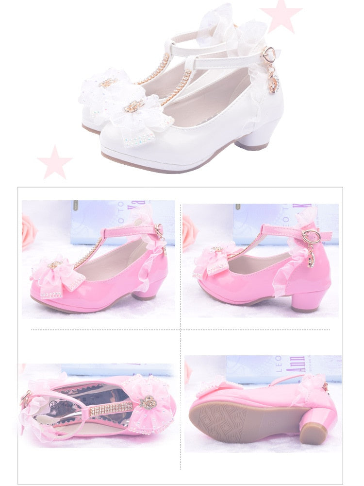 Lovely Girls' Lace Flower Trim Low-heeled PU Princess Shoes For Dance Dress