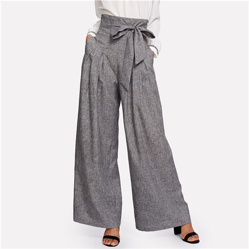Elegant High Waist Self Belted Box Grey Loose Work Trousers Pants For Women'S